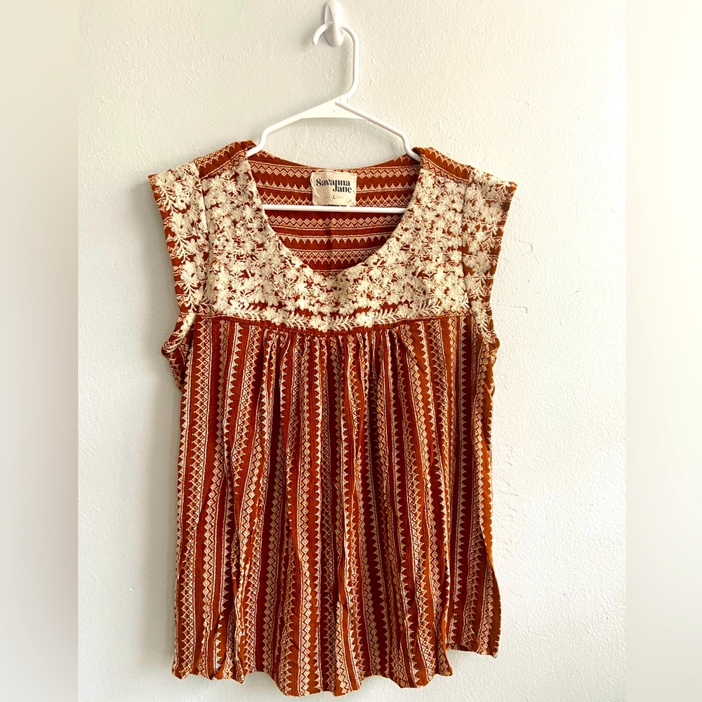 Savanna Jane Womens shirt Small Brown- Beige Top Boho Airy Boxy